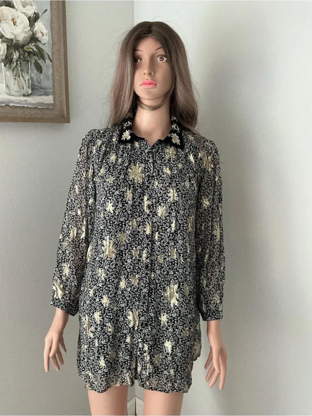 Zara Girls Dress Black Gold Metallic Embroidery Floral Velour Collar size 11-12